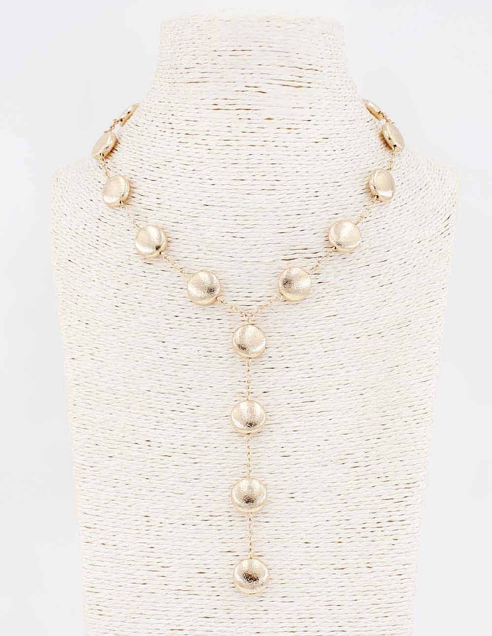 Gold Flat Beaded Y Drop Necklace