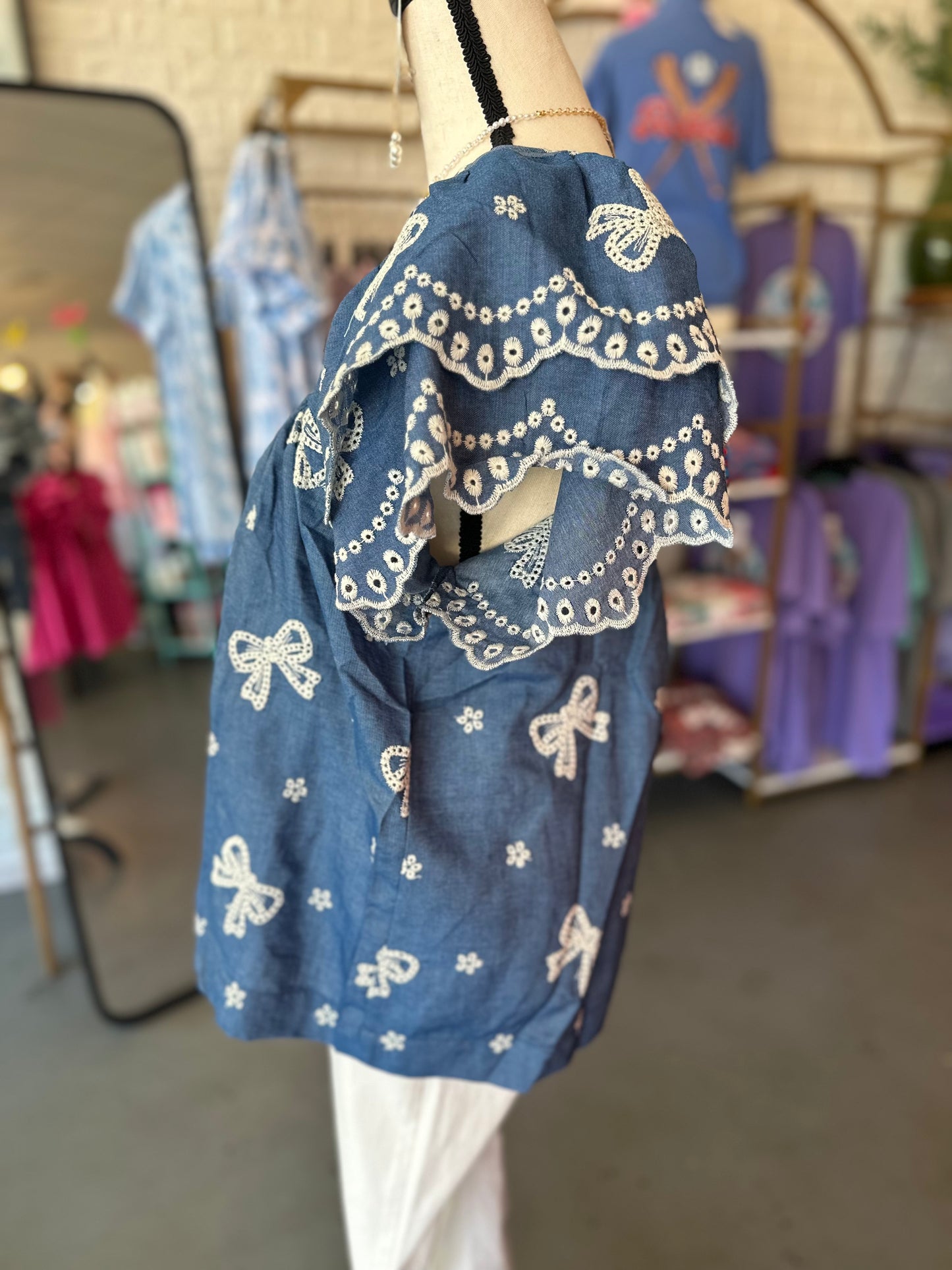 Denim bow print top