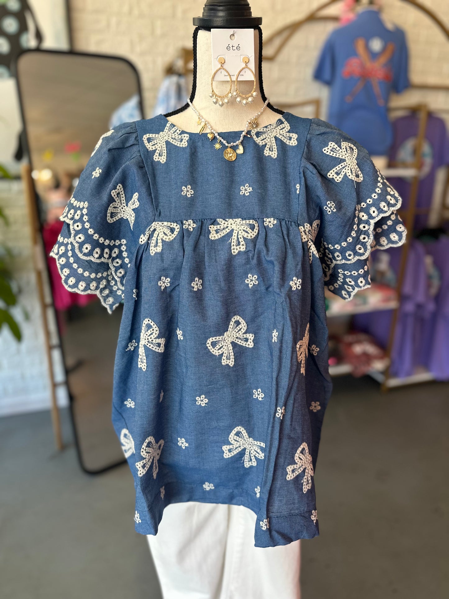 Denim bow print top