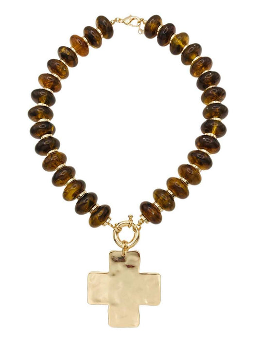 Brown Chunky with Cross Necklace