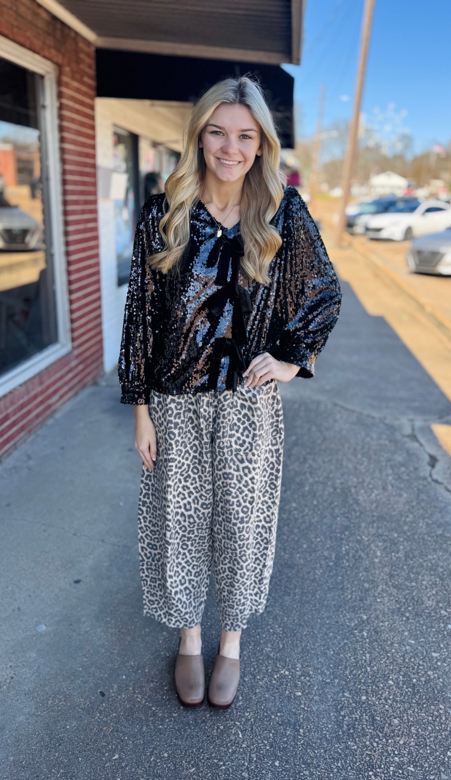 Black Sequin Bow Top