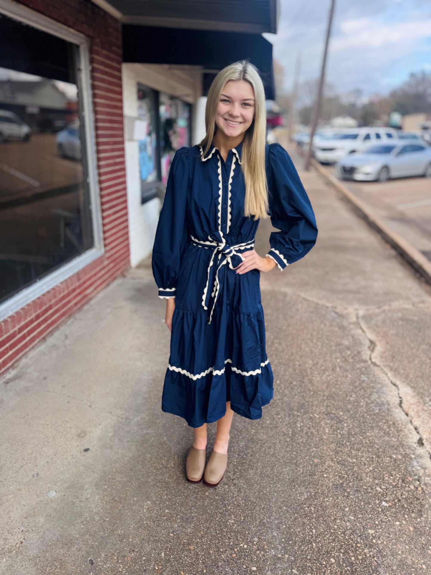 Navy Ric Rac Midi Dress