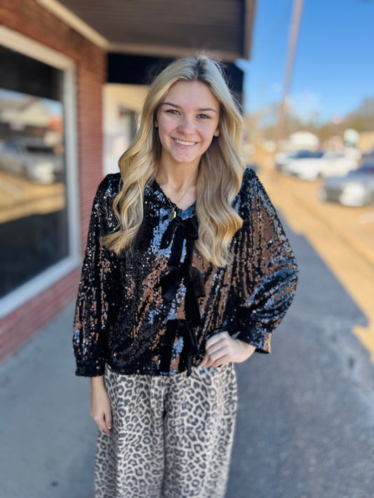 Black Sequin Bow Top