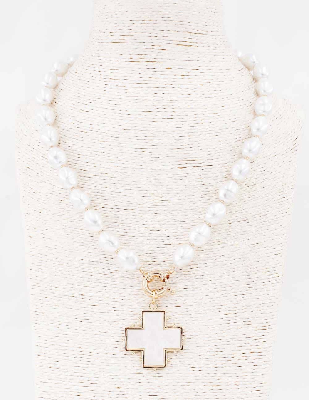 Pearl Acrylic Beaded Cross Necklace