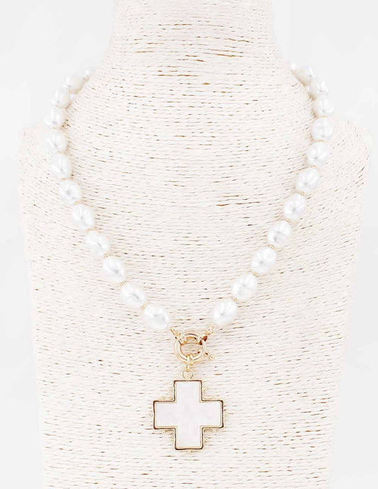 Pearl Acrylic Beaded Cross Necklace