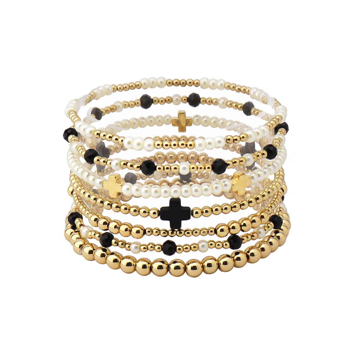 Gold and Black Beaded Set of 7 Bracelets