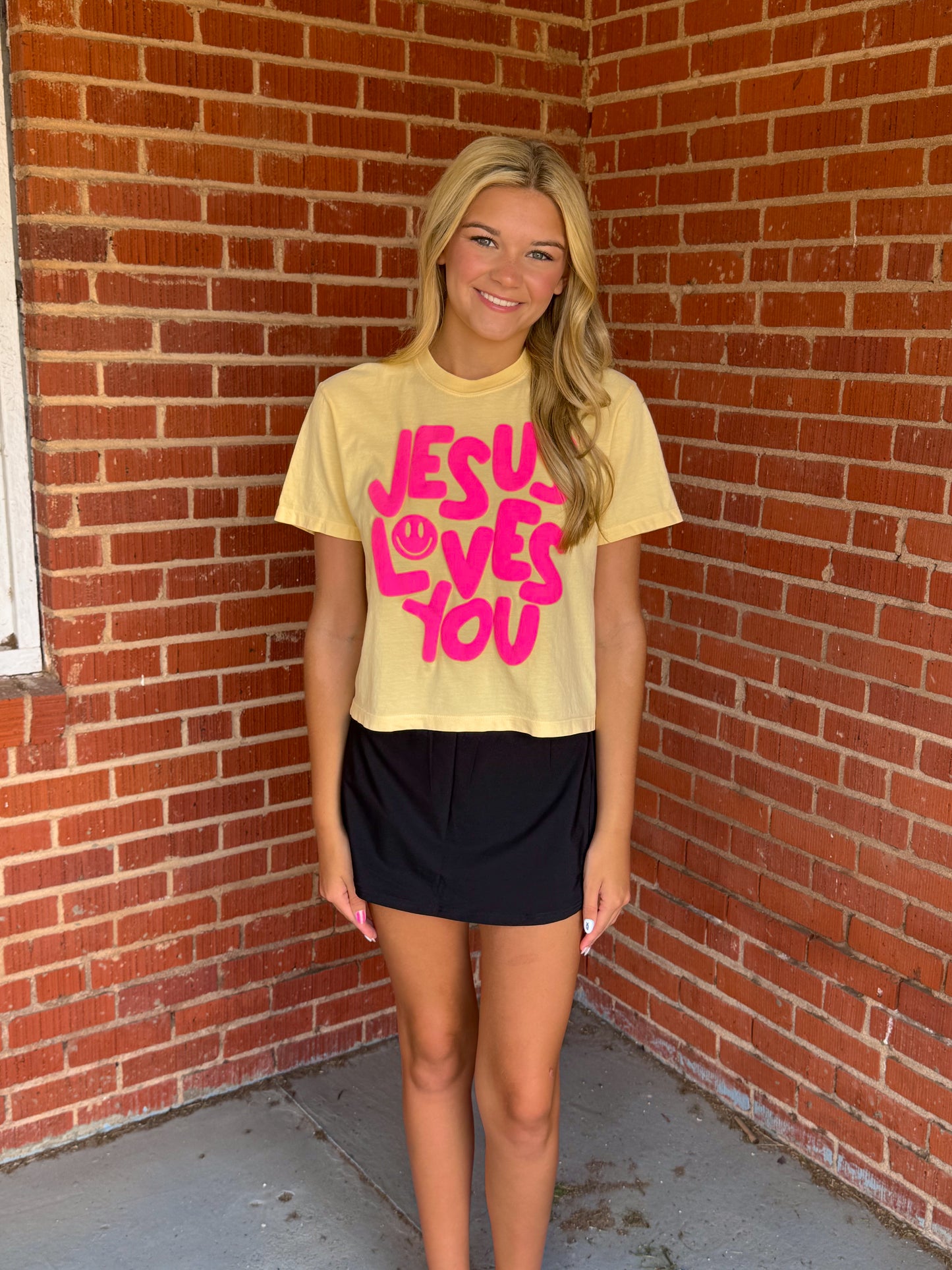 Smiley Jesus Loves You Puff Cropped Tee