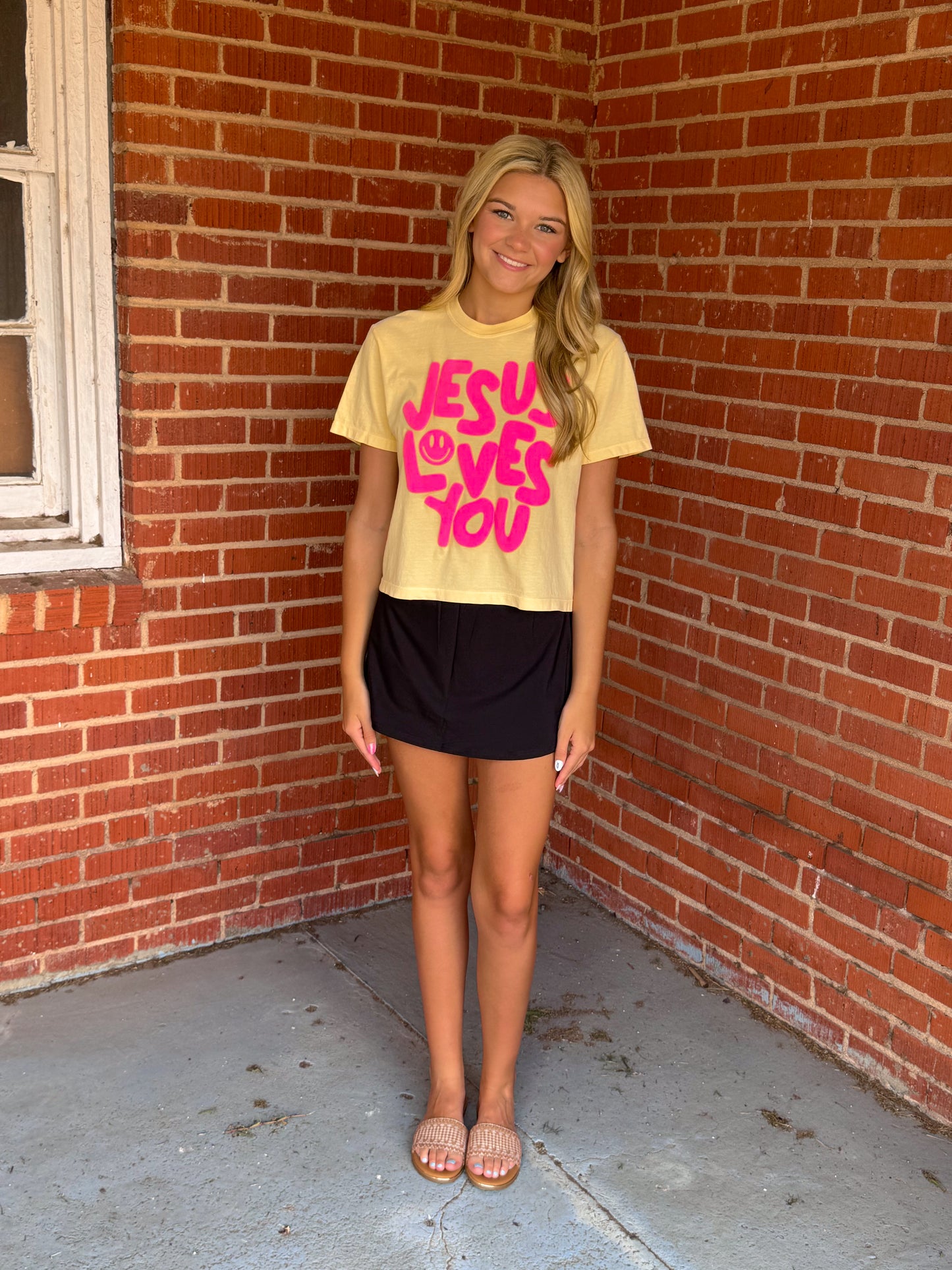 Smiley Jesus Loves You Puff Cropped Tee