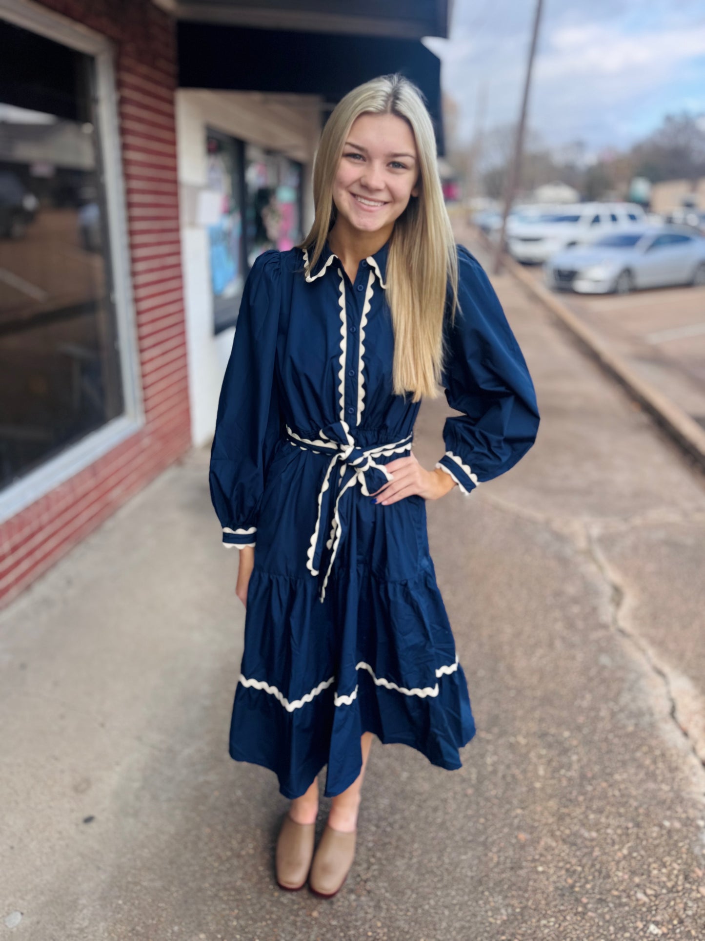 Navy Ric Rac Midi Dress