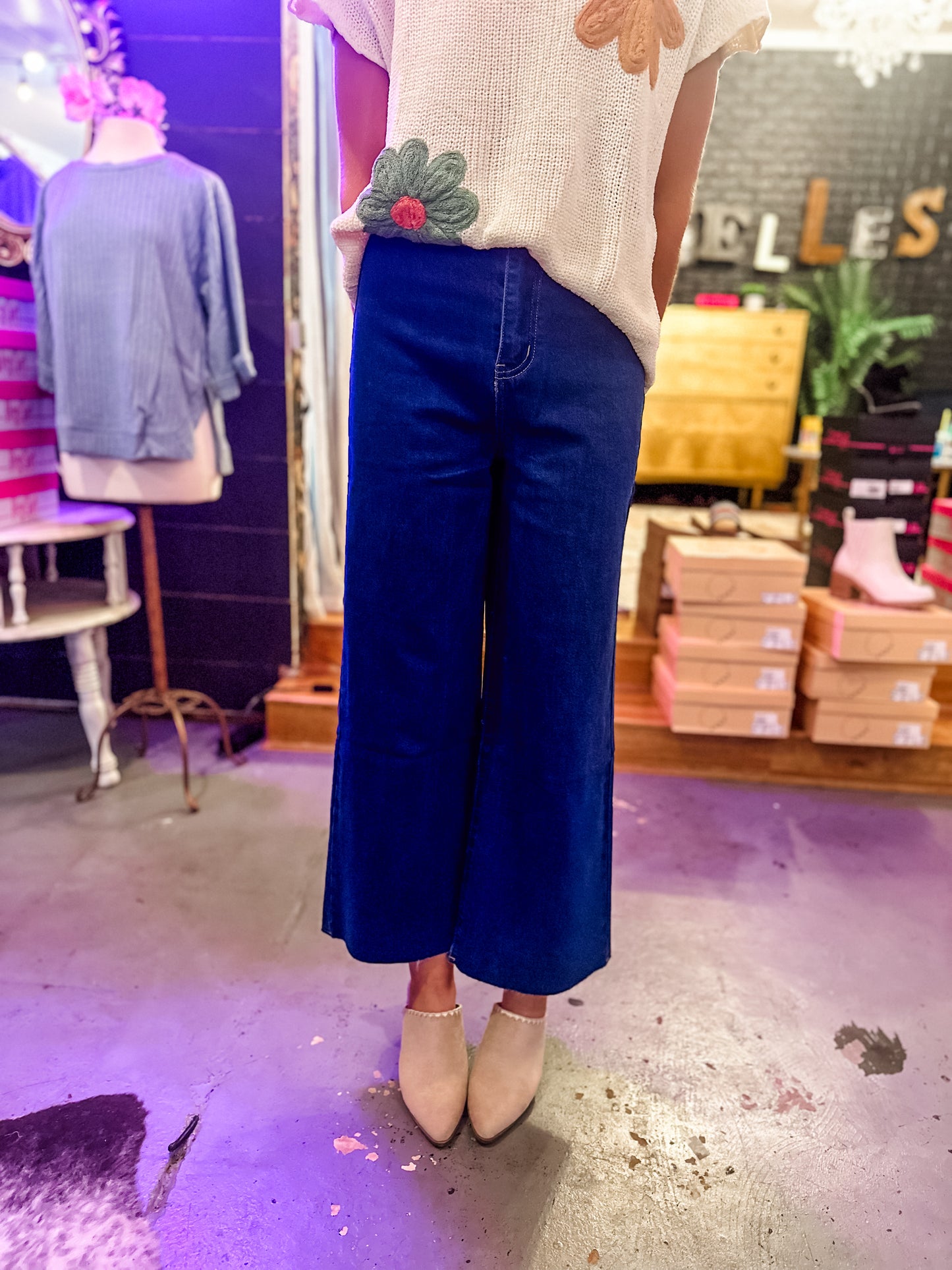 Cropped wide leg denim